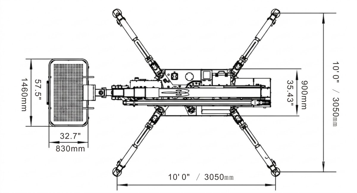 gltlifts GCT43 tracked spider lift outrigger footprint and stabilization spread dimensions in imperial and metric units