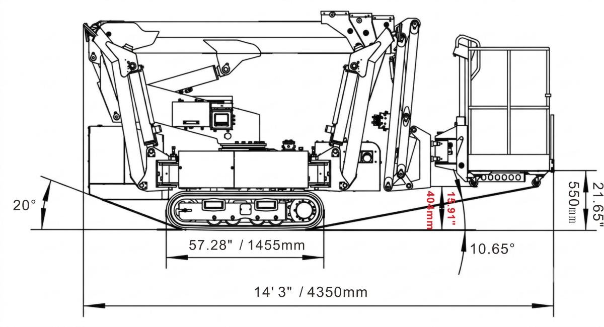gltlifts GCT43 tracked spider lift side view technical drawing showing transport dimensions and clearance angles