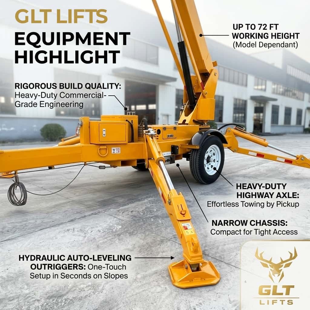 GLT LIFTS towable boom lift key equipment highlights featuring hydraulic auto-leveling outriggers, heavy-duty highway axle, and up to 72 ft working height