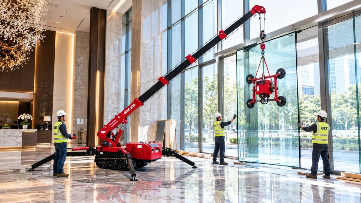 GSC30D mini crawler crane positioning a glass entrance door inside a hotel lobby