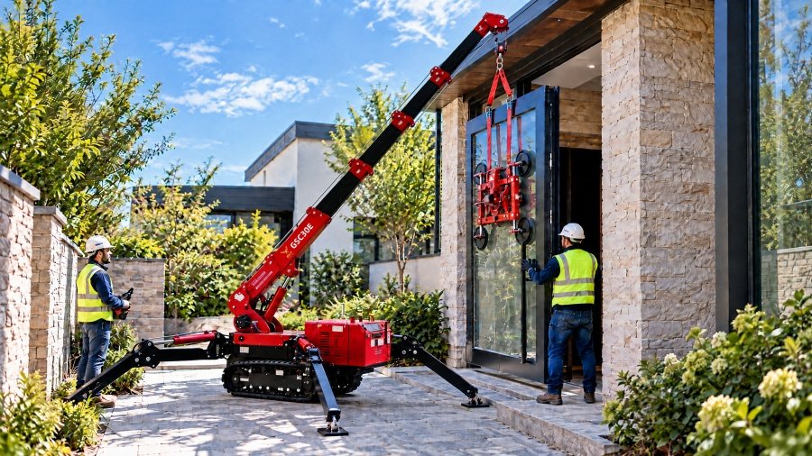 GSC30E spider crane positioning a heavy steel and glass entry door at a modern villa