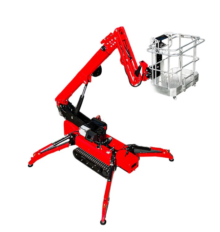 Top-angle view of GCT60 Tracked Boom Lift showing spider outrigger spread and compact crawler chassis.