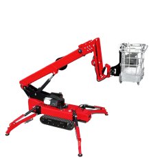 Side profile view of GCT60 Tracked Boom Lift highlighting hydraulic cylinders, control system, and robust red body.