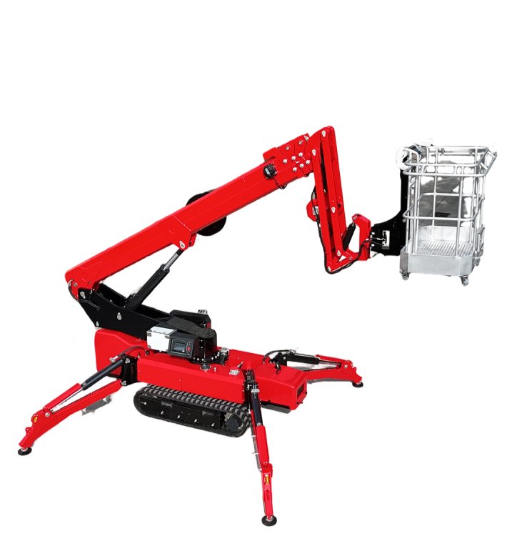Side profile view of GCT60 Tracked Boom Lift highlighting hydraulic cylinders, control system, and robust red body.