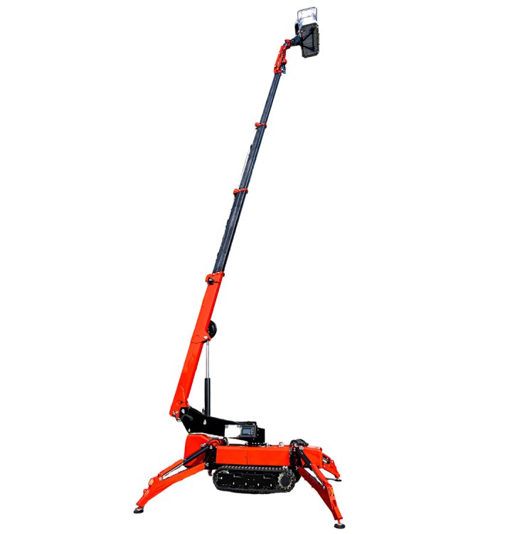 GCT60 Tracked Boom Lift fully extended vertically, showing maximum working height and spider outrigger stability.