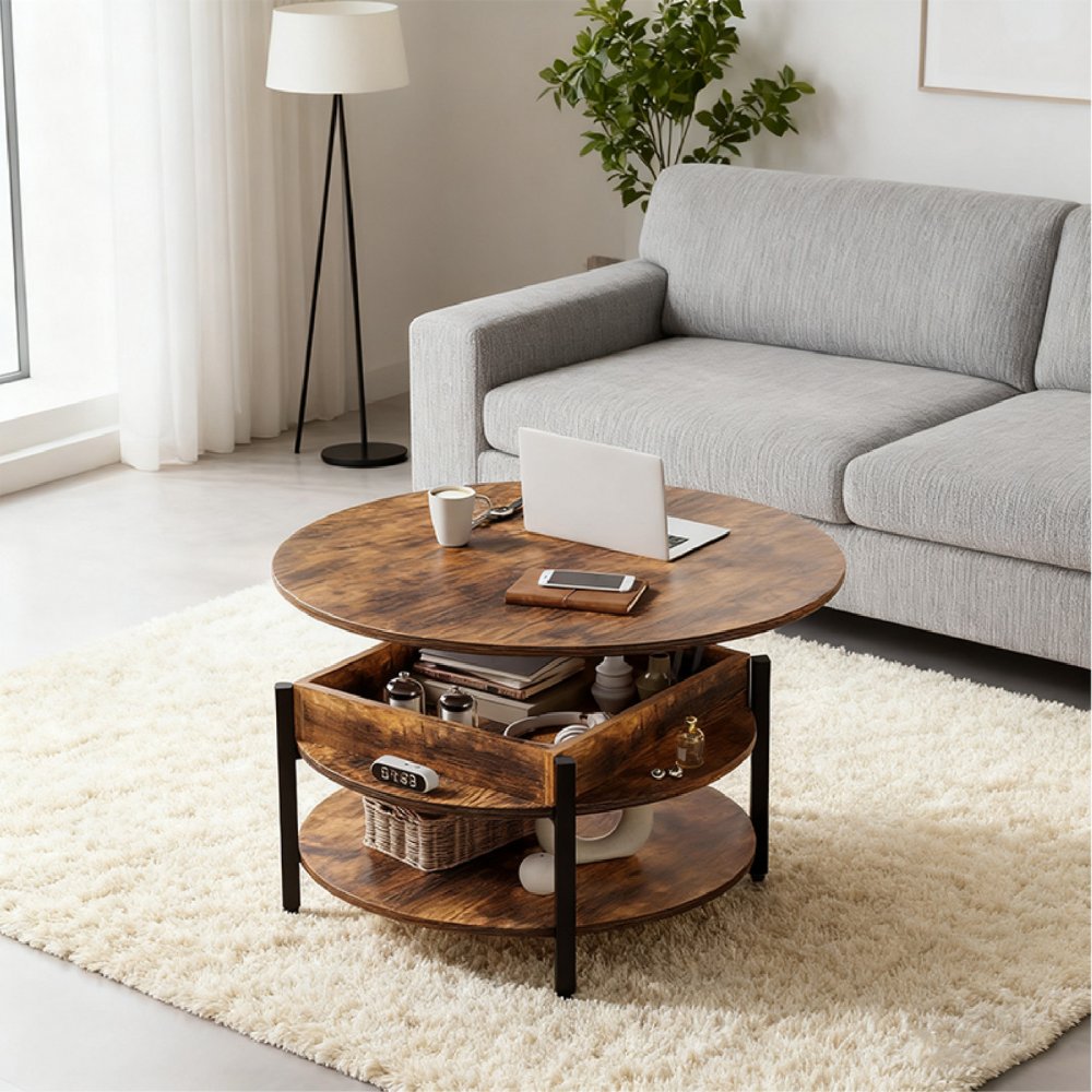 Minimalist Style Sliding Round Living Room Wooden Coffee Table 9.25