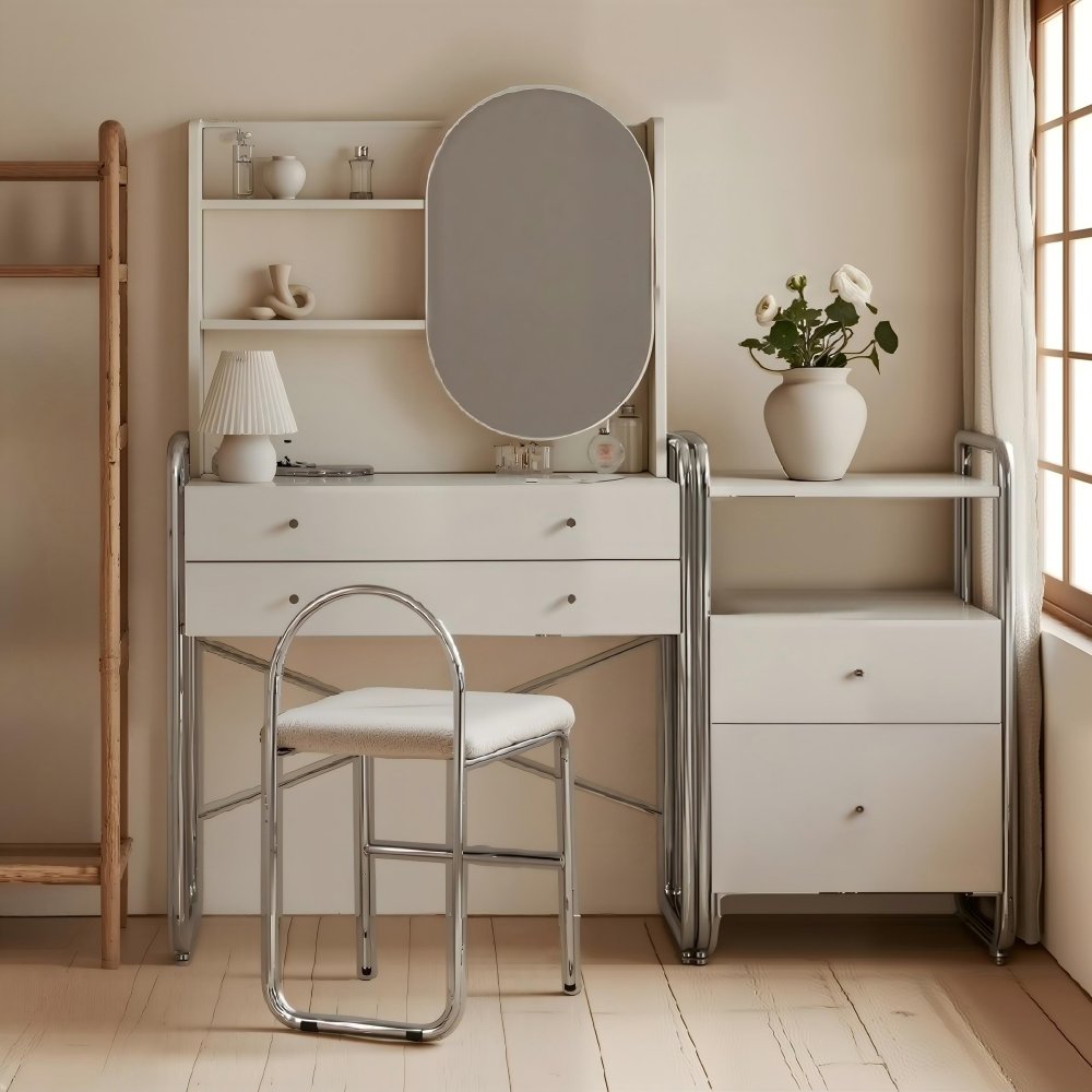 Latest Modern Simple Bedroom Furniture Dressing Table White With Oval Mirror
