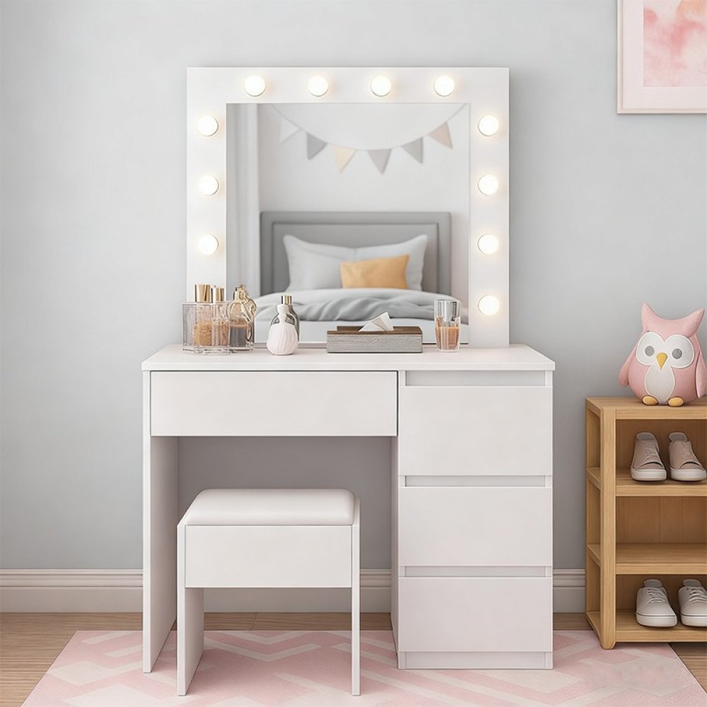 Minimalist Wooden Dressing Table With Three-Color Adjustable Lighting.