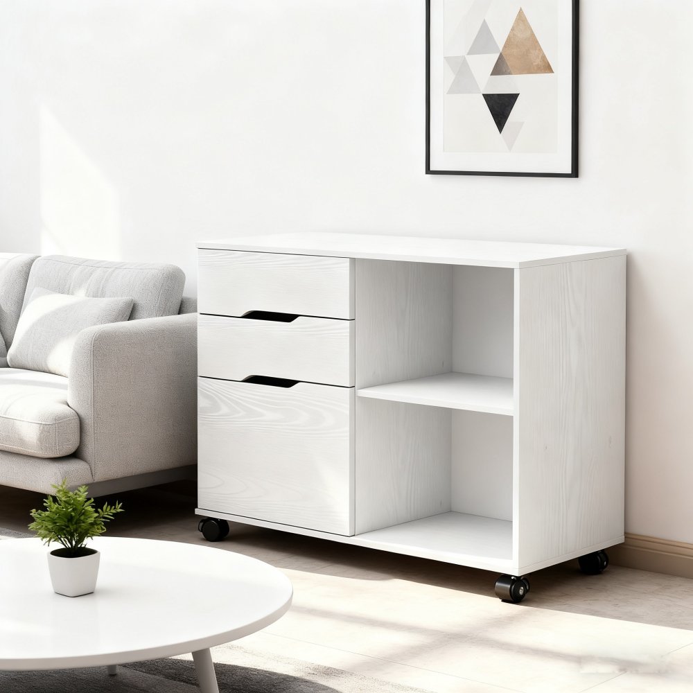 Minimalist Design Solid Color Mobile Wooden Filing Cabinet with Wheels 