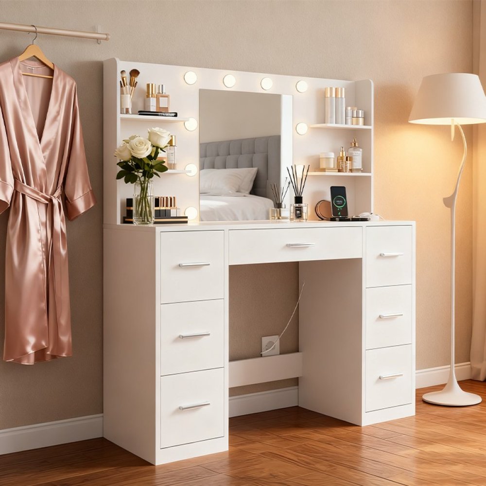 Factory-Customized Design Of Professional Wooden Dressing Table with Three-Color Variable Lighting