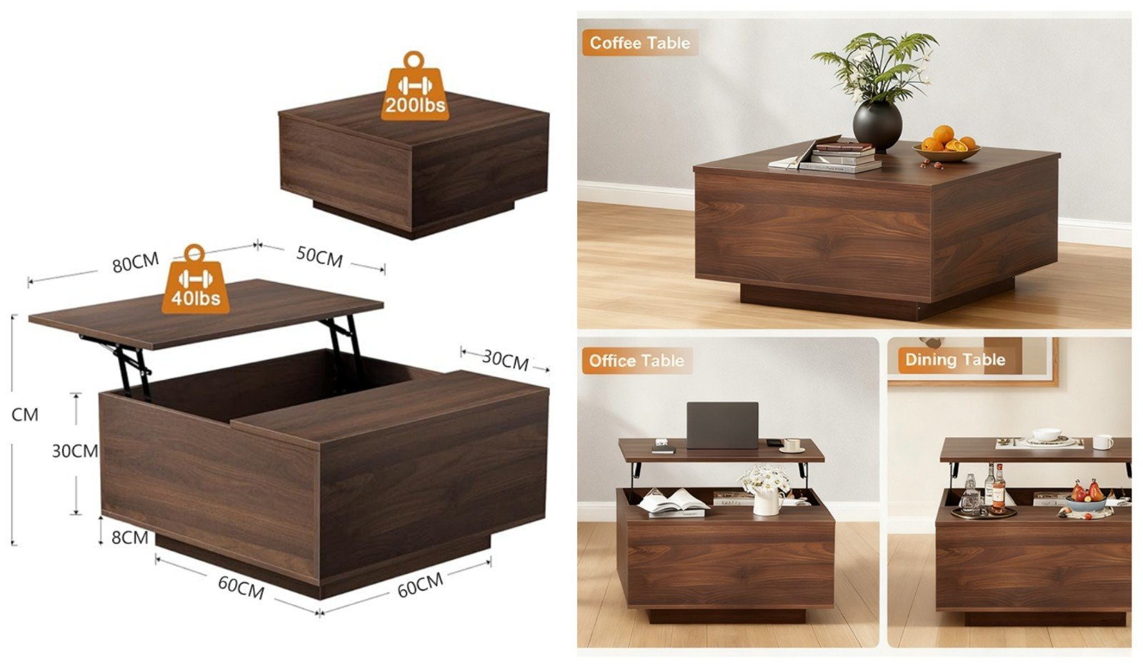 Contemporary Fully-assembled Lift Top Square Cocktail Table With Storage Detail View