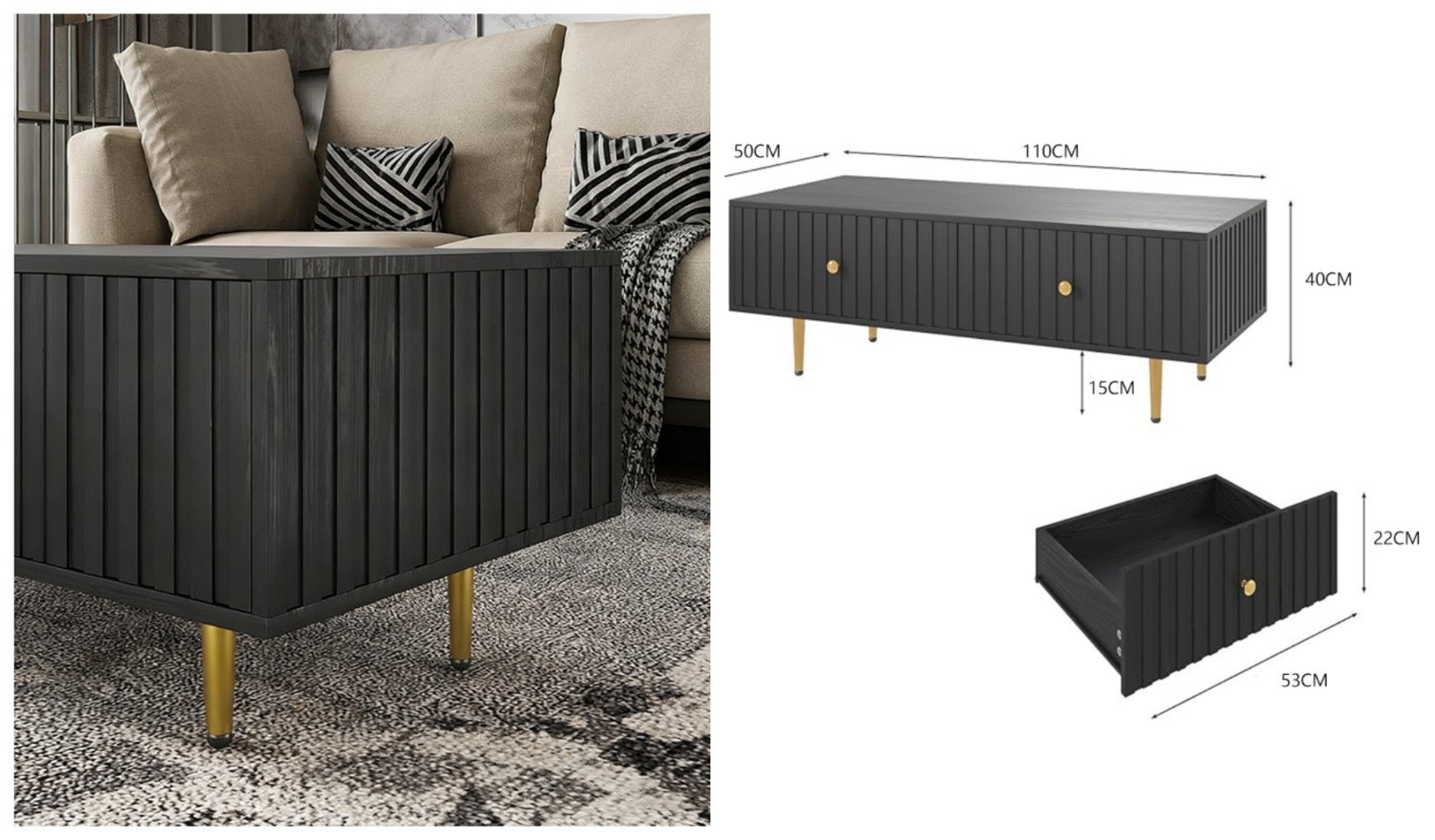 Mid-Century Wood Flute Storage Coffee Table with 2 Drawers Detail View
