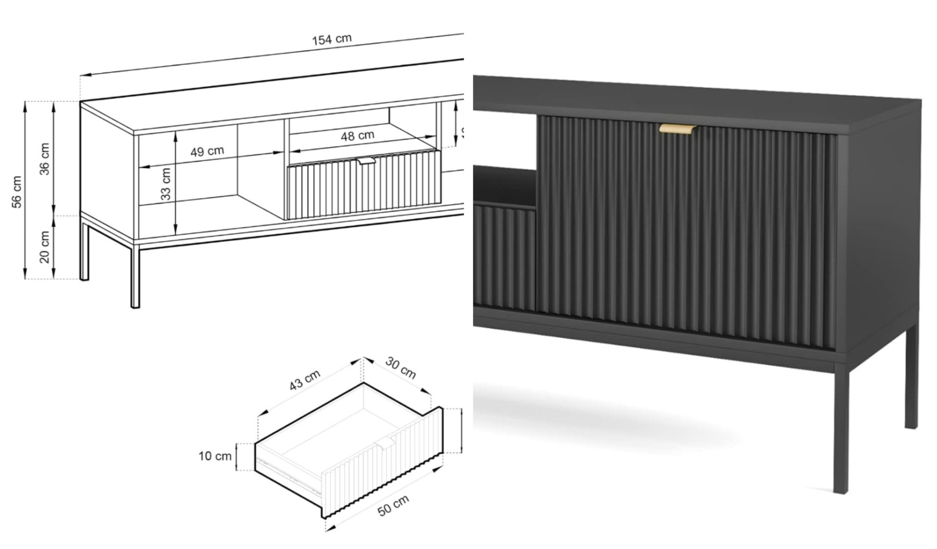 Contemporary Black Fluted Panel Entertainment Center With Storage Detail View