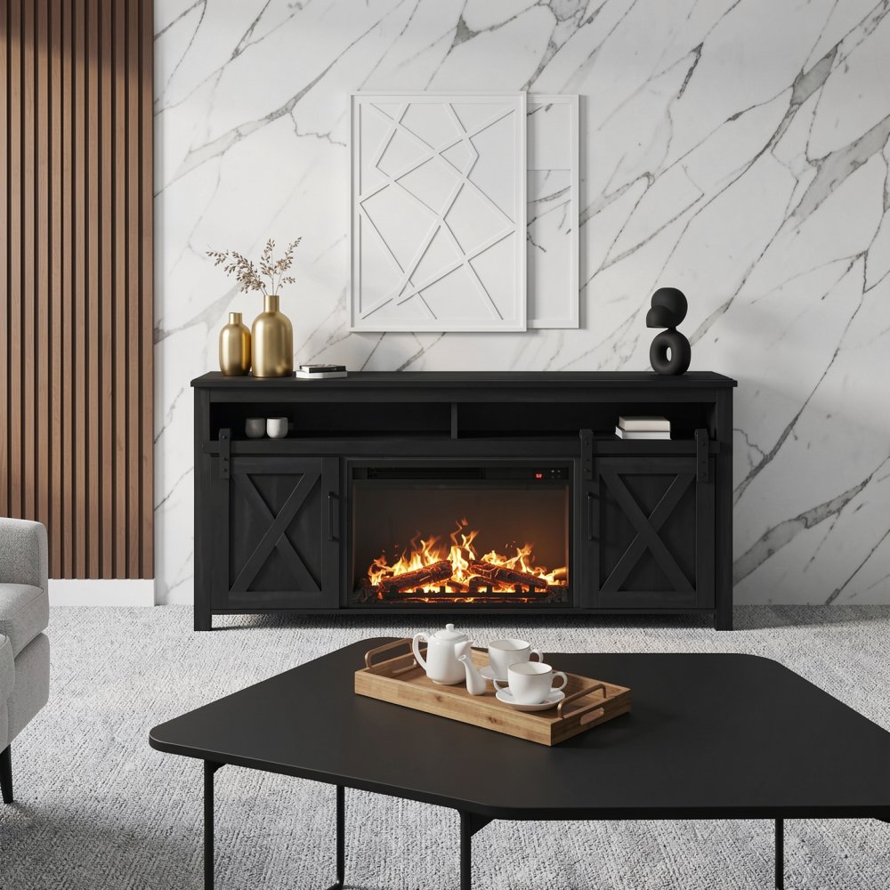 Farmhouse Electric Fireplace TV Stand Cabinet with Barn Door