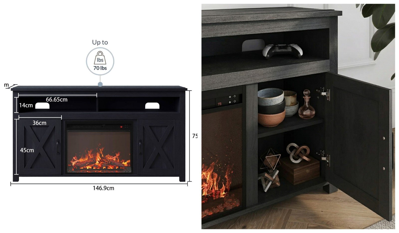 Farmhouse Electric Fireplace TV Stand Cabinet with Barn Door Detail View
