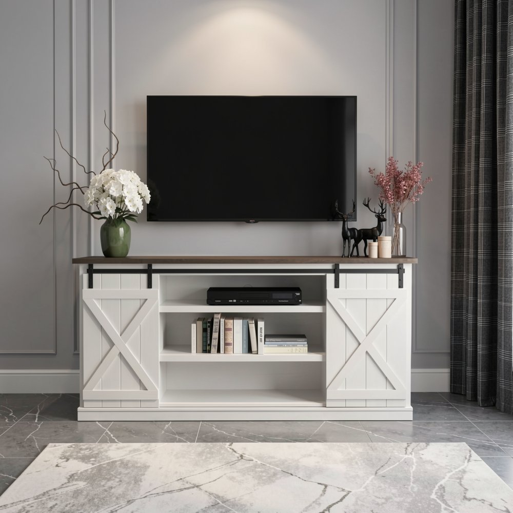 Farmhouse Rectangular Storage TV Stand Console Table with Sliding Barn Doors