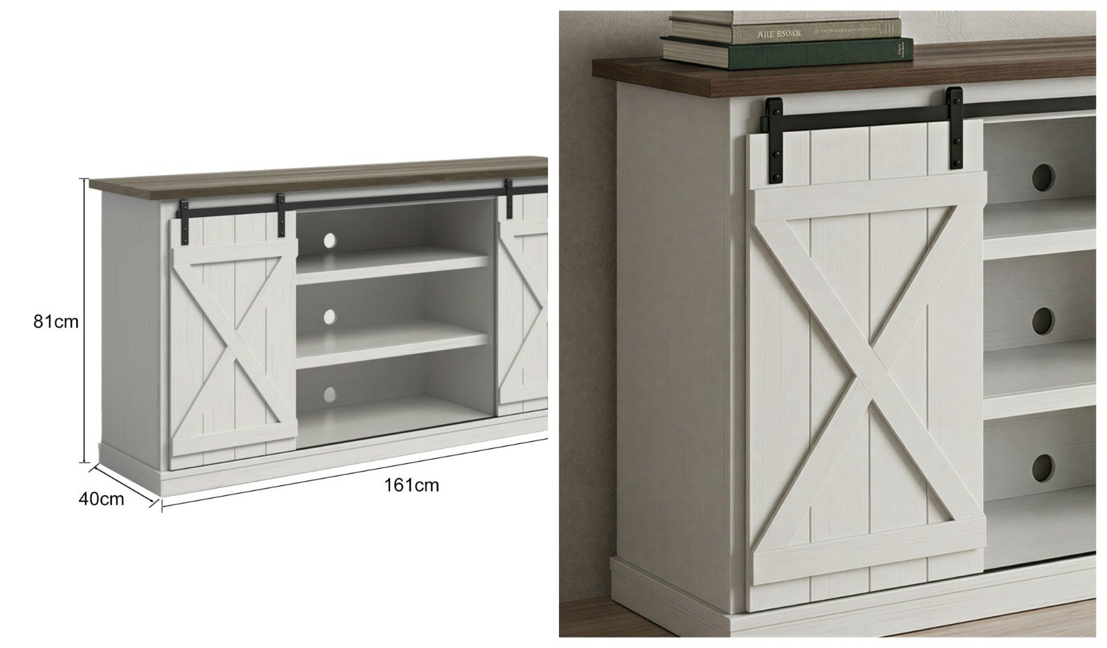 Farmhouse Rectangular Storage TV Stand Console Table with Sliding Barn Doors Detail View