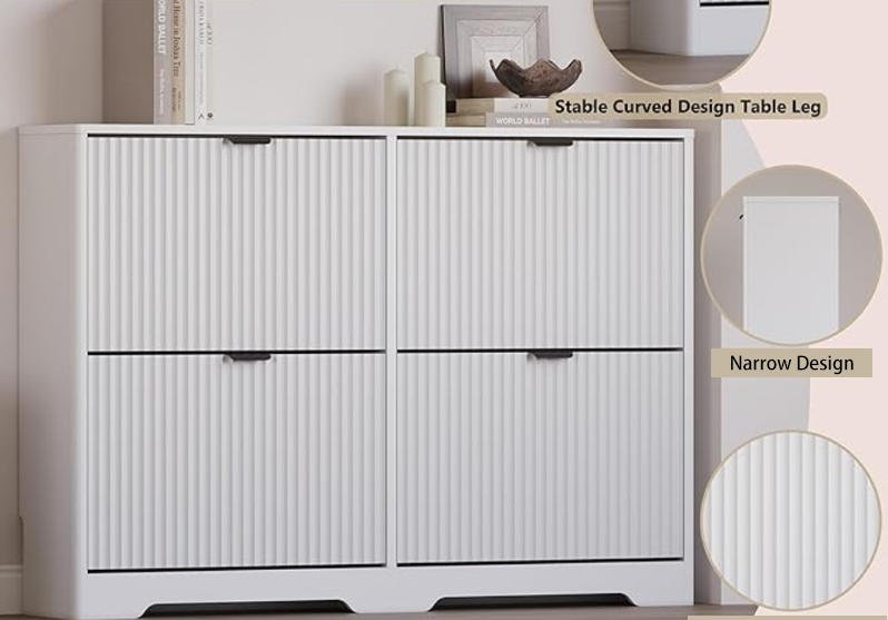 Fenzo Furniture Narrow Hidden Fluted Shoe Storage Organizer with 4 Flip Drawers
