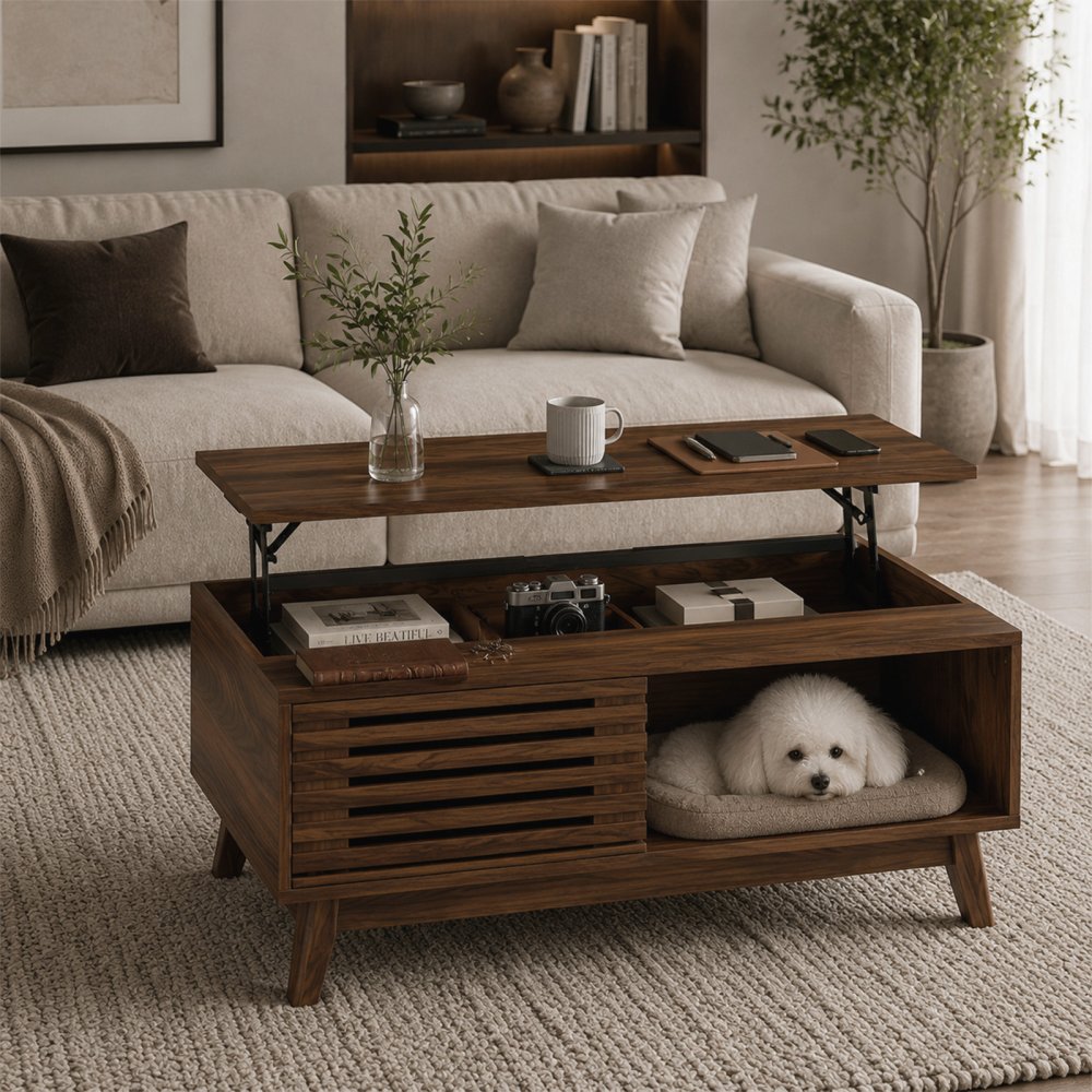 Mid Century Classic Lift-Top Coffee Table with Sliding Fence Door