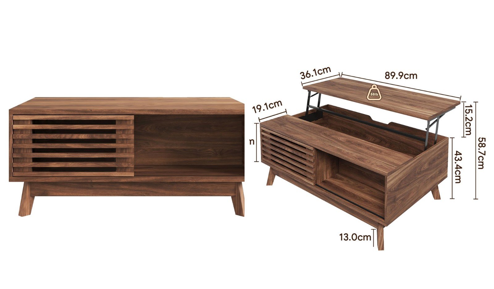 Mid Century Classic Lift-Top Coffee Table with Sliding Fence Door Detail View