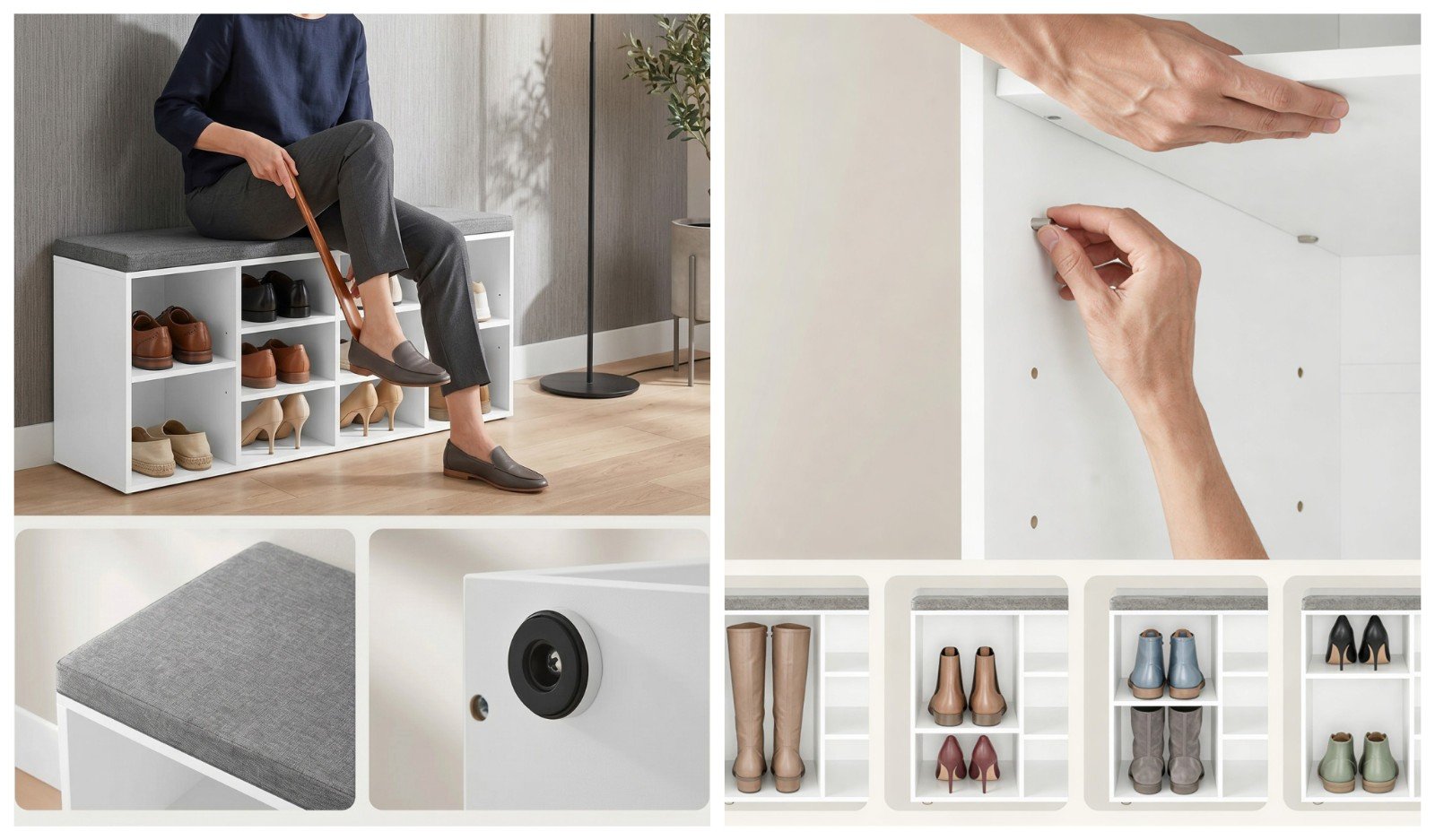 Nordic 10-Cube Shoe Bench Rack with Padded Cushion Detail View