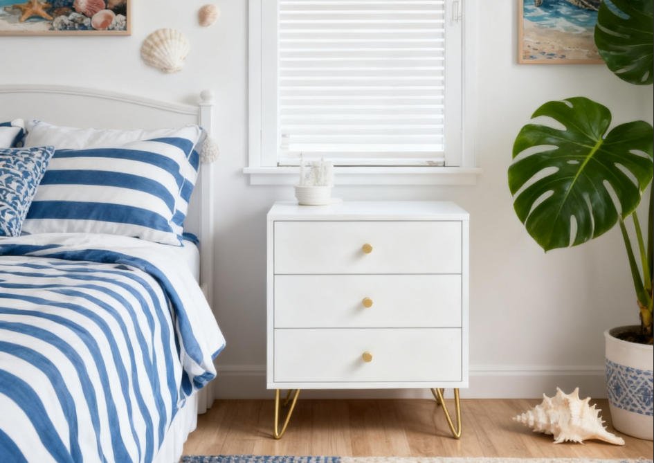 Fenzo Furniture Mid Century Matte White Gold Nightstand Bedside Table