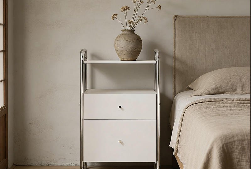 Fenzo Furniture Minimalist Chrome Wood Bedside Table Storage Rack Modern Nightstand with Drawer