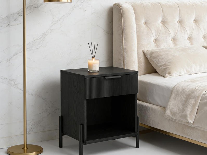 Fenzo Furniture Modern Reeded-Front 1-Drawer Nightstand with Open Cubby