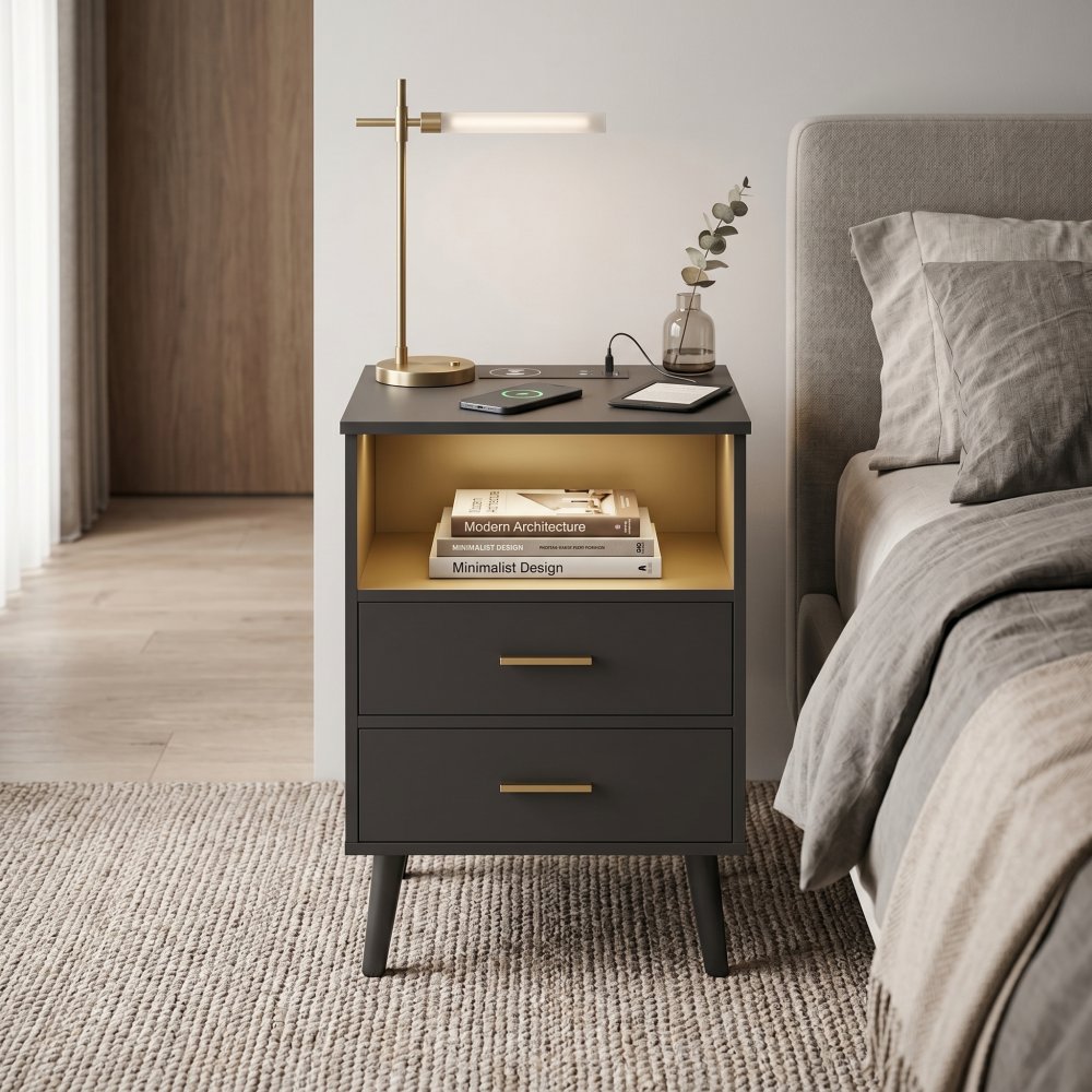 Modern Small Black Nightstand with Charging Station and LED Lights
