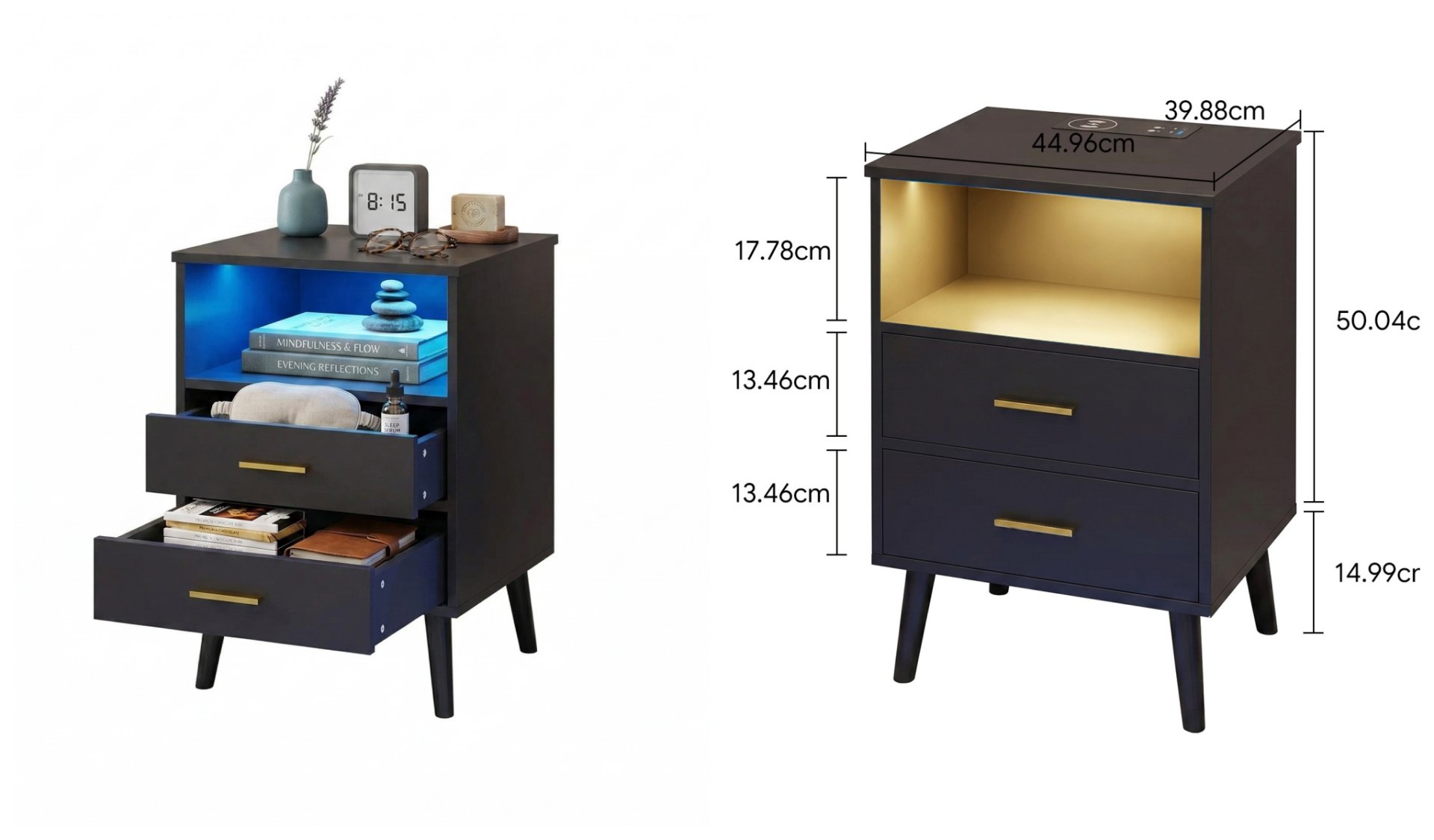 Modern Small Black Nightstand with Charging Station and LED Lights Detail View