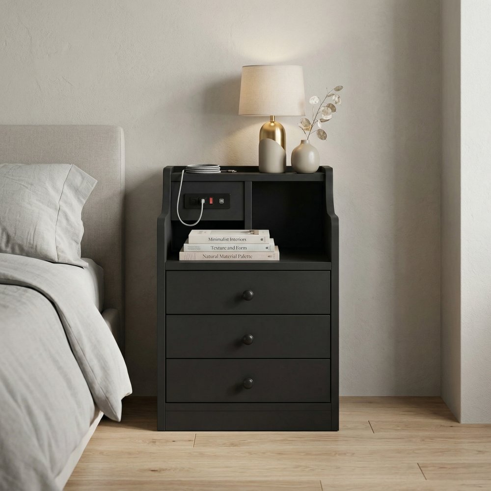 Modern Smart Charging Station Nightstand End Side Tabl with Hutch