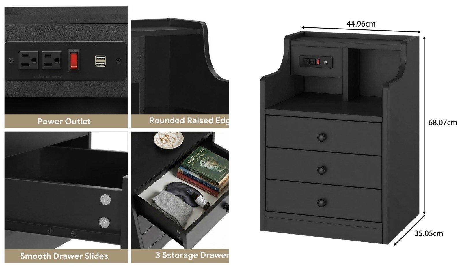 Modern Smart Charging Station Nightstand End Side Tabl with Hutch Detail View