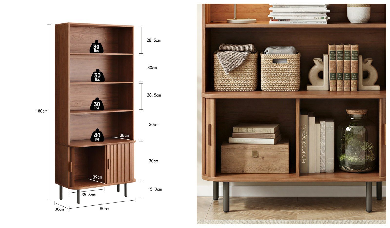 Mid-Century modern freestanding tall walnut 71"4-tier bookshelf with sliding door detail view