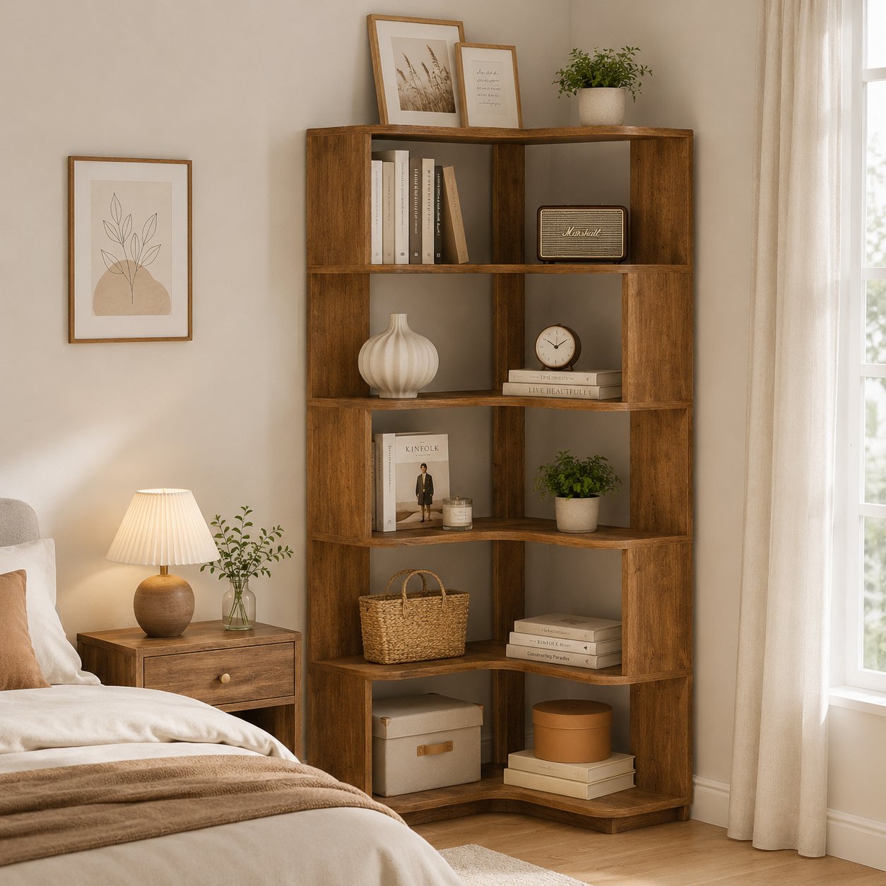 Modern farmhouse tall l-shaped 6-tier corner bookshelf - picture 2