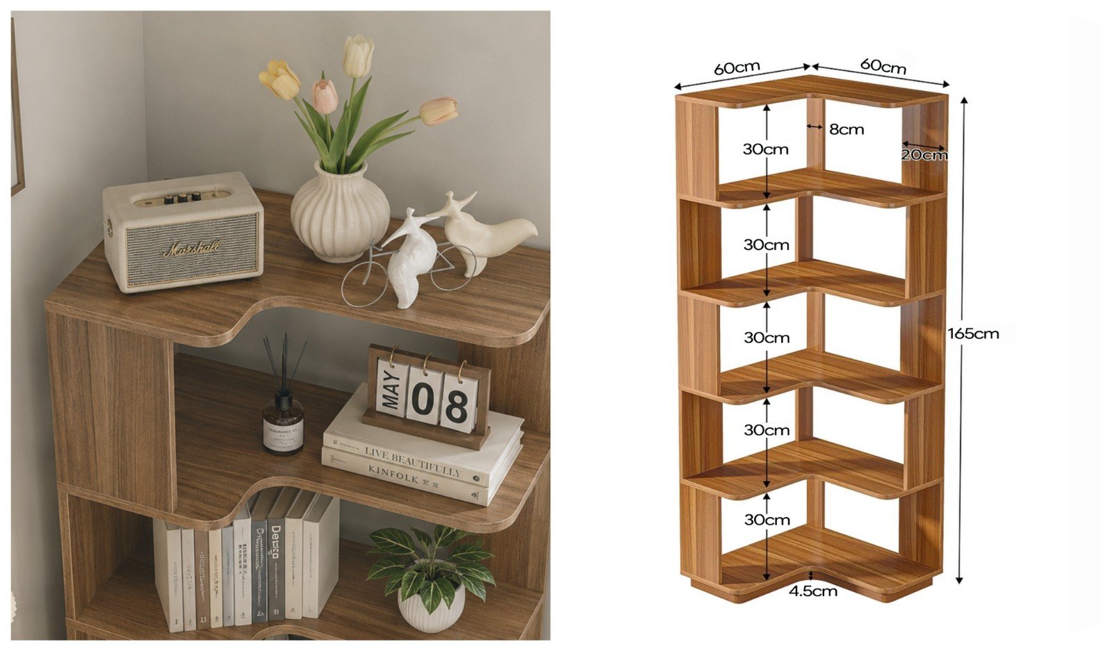 Modern farmhouse tall l-shaped 6-tier corner bookshelf detail view