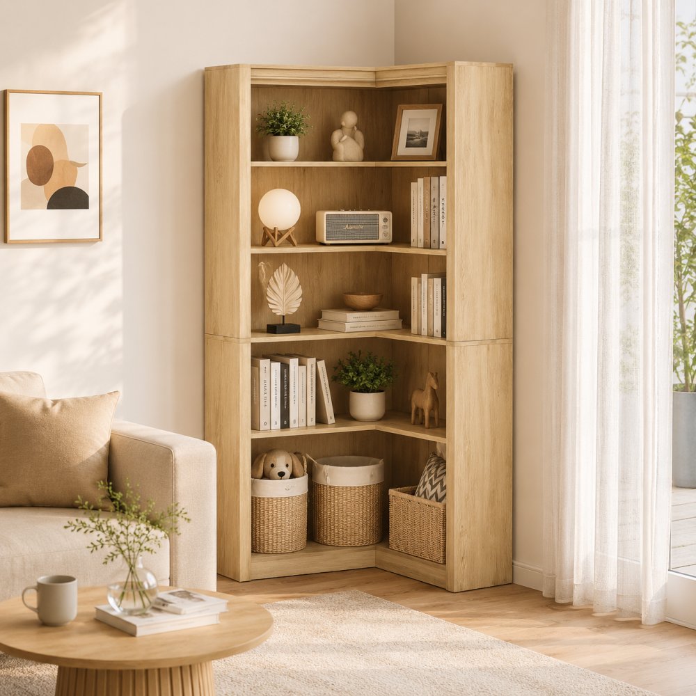 Farmhouse Wide 5 Tier L-Shaped Corner Bookshelf with Display Shelves