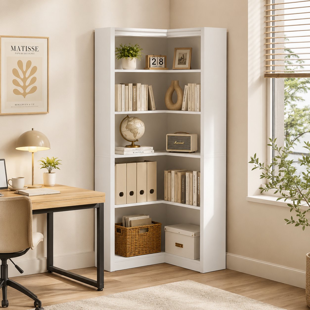 Farmhouse wide 5 tier l-shaped corner bookshelf with display shelves - picture 4