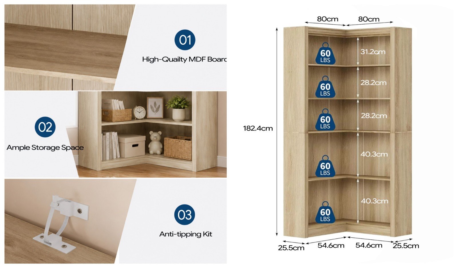 Farmhouse wide 5 tier l-shaped corner bookshelf with display shelves - detail 1