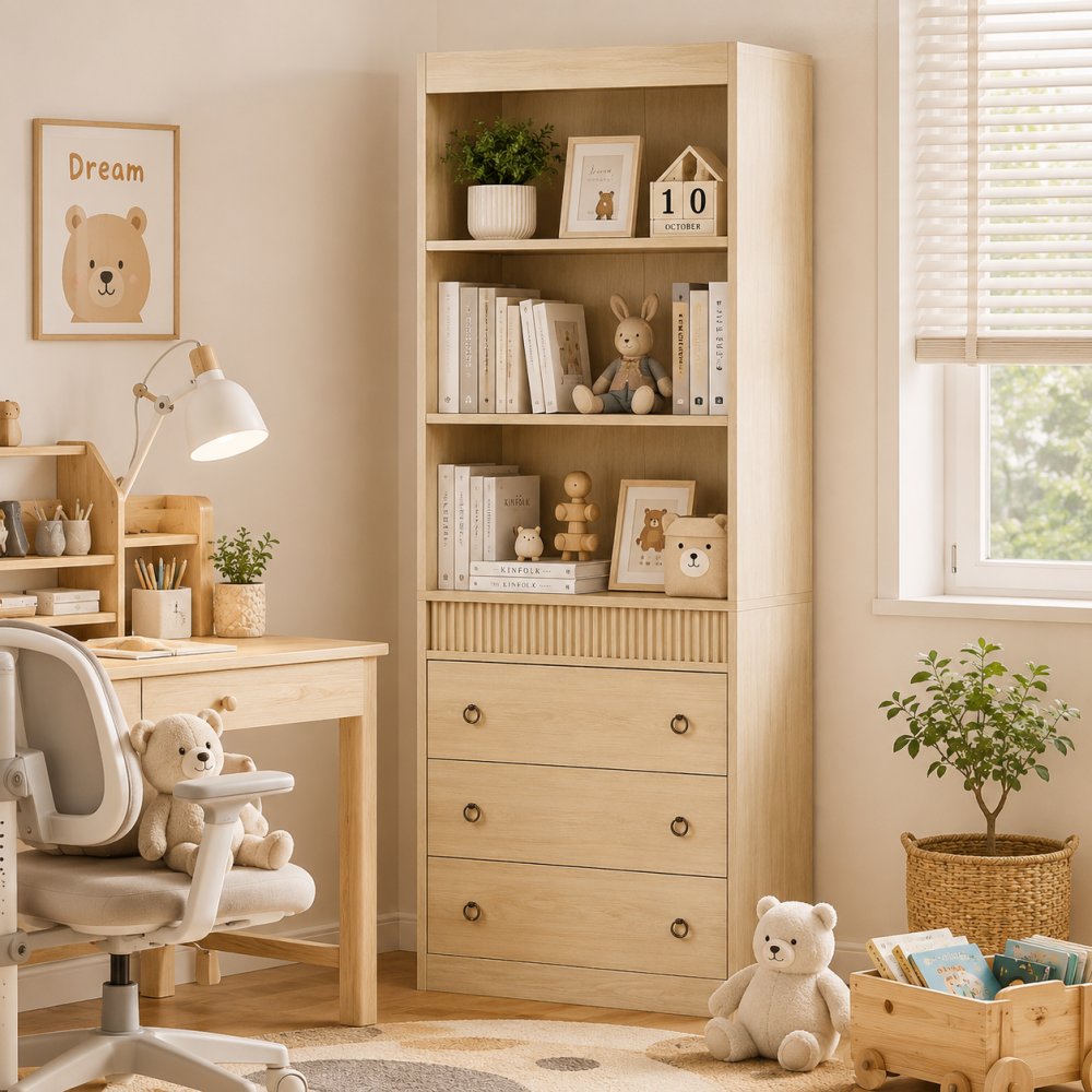Scandinavian 6 Tier Tall Vertical Fluted Bookcase with 3 Drawers