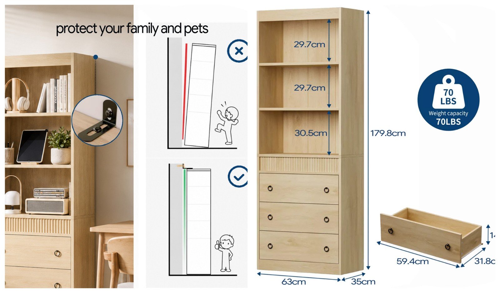 Scandinavian 6 tier tall vertical fluted bookcase with 3 drawers - detail 1