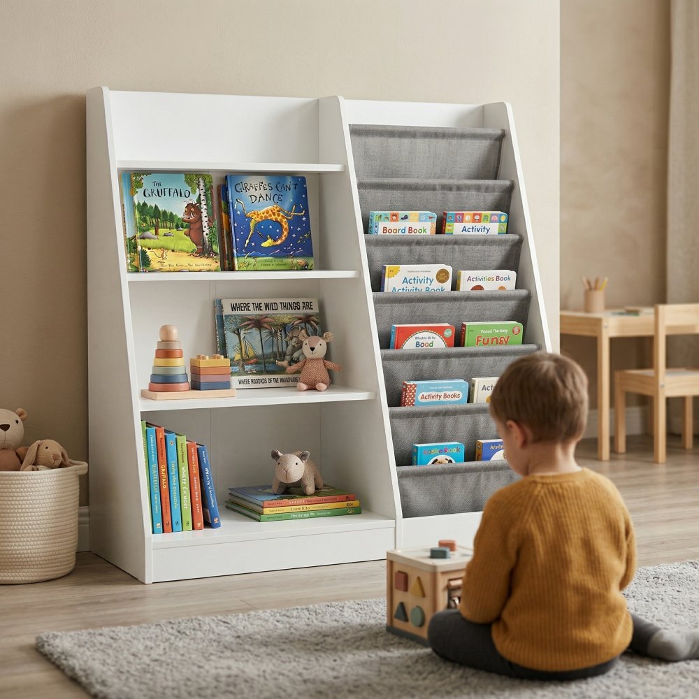 Wooden White 4 Tier Kids Bookshelf Storage Rack with 6 Layer Sling Toddler 