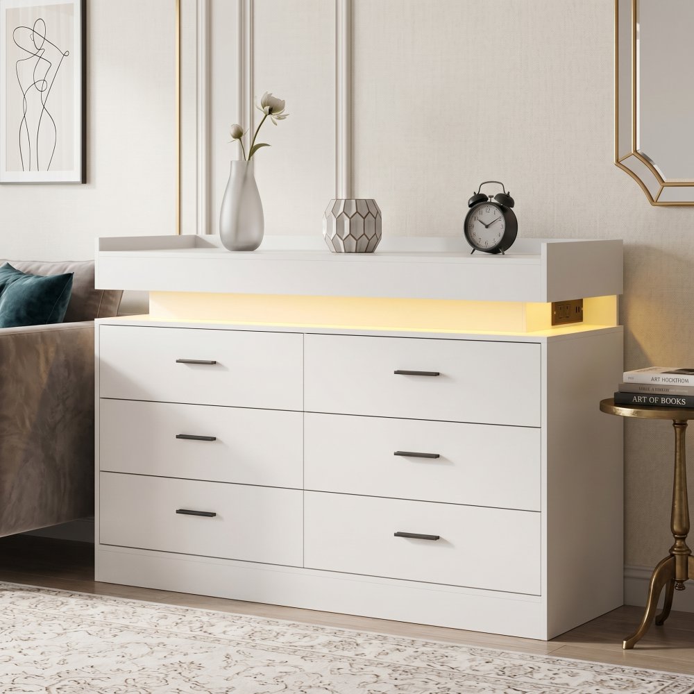 Modern LED Lights 6 Drawer Dresser with Charging Station & Floating Top