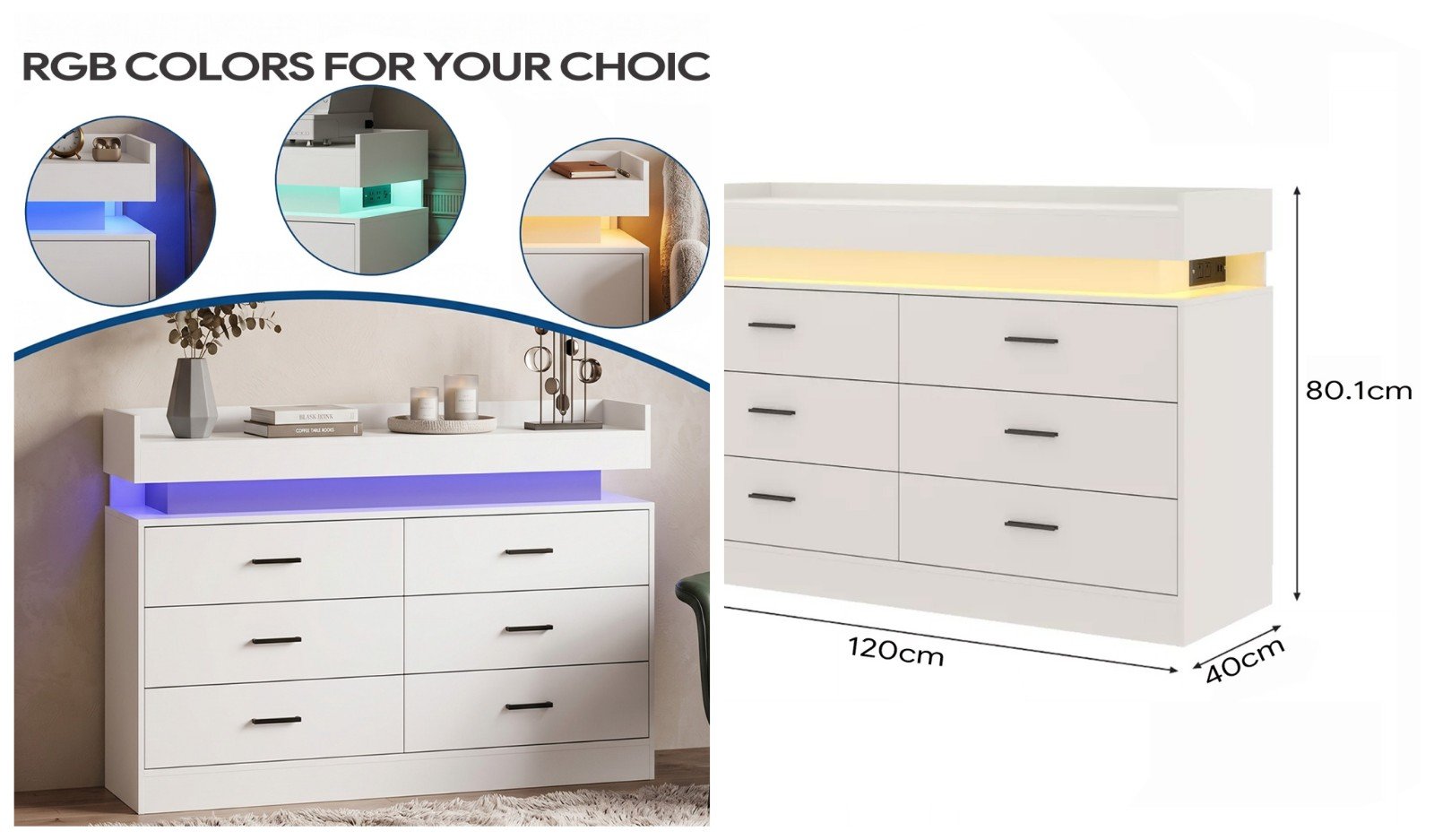Modern led lights 6 drawer dresser with charging station & floating top - detail 1