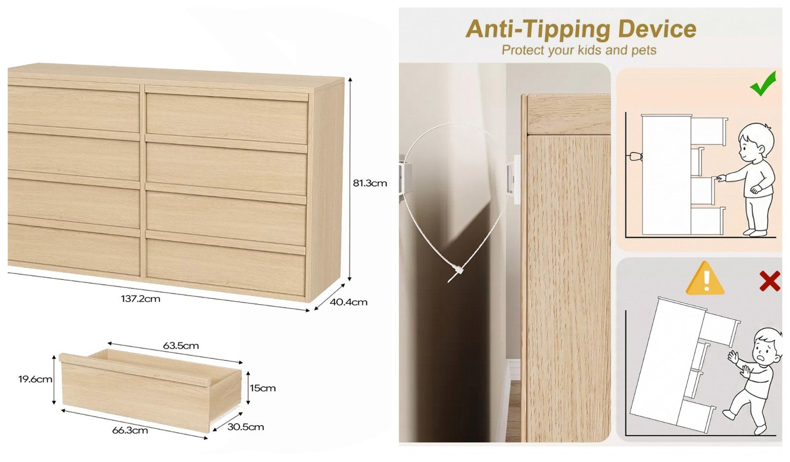 Scandinavian double dresser 8 drawer organizer with concave handles - detail 1