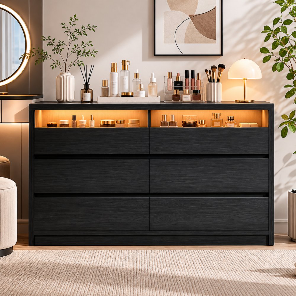 Modern Double Wooden Black 6 Drawer Large Dresser with LED Light