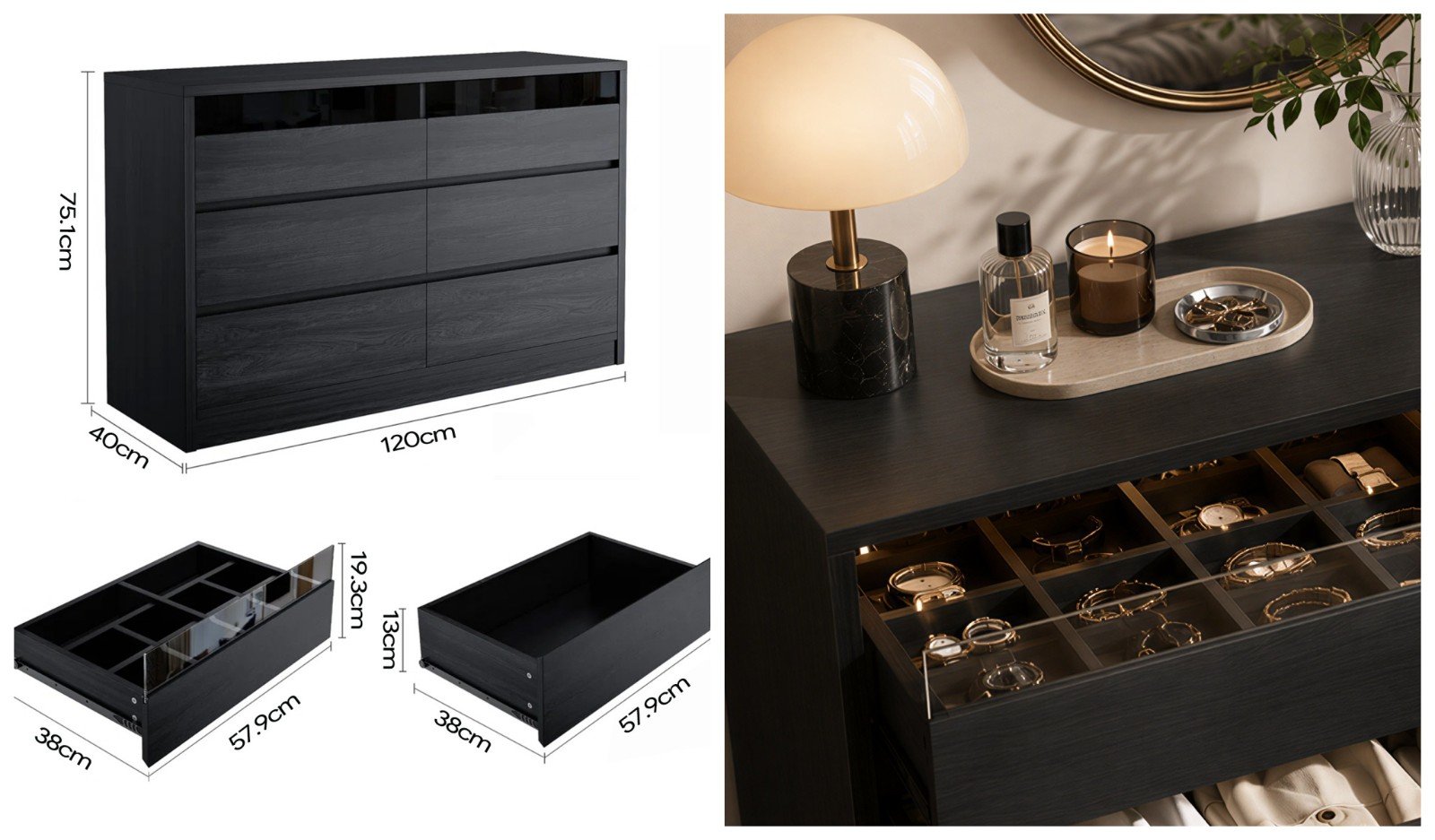 Modern double wooden black 6 drawer large dresser with led light - detail & dimensions