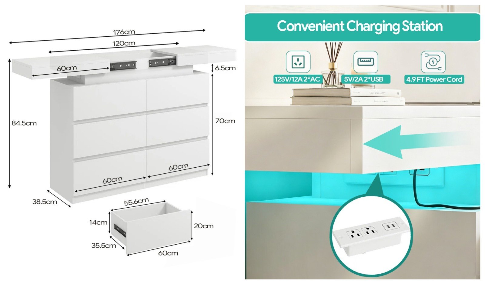 Modern led light 6-drawer chest of dresser with sliding desktop & power outlet - detail & dimensions