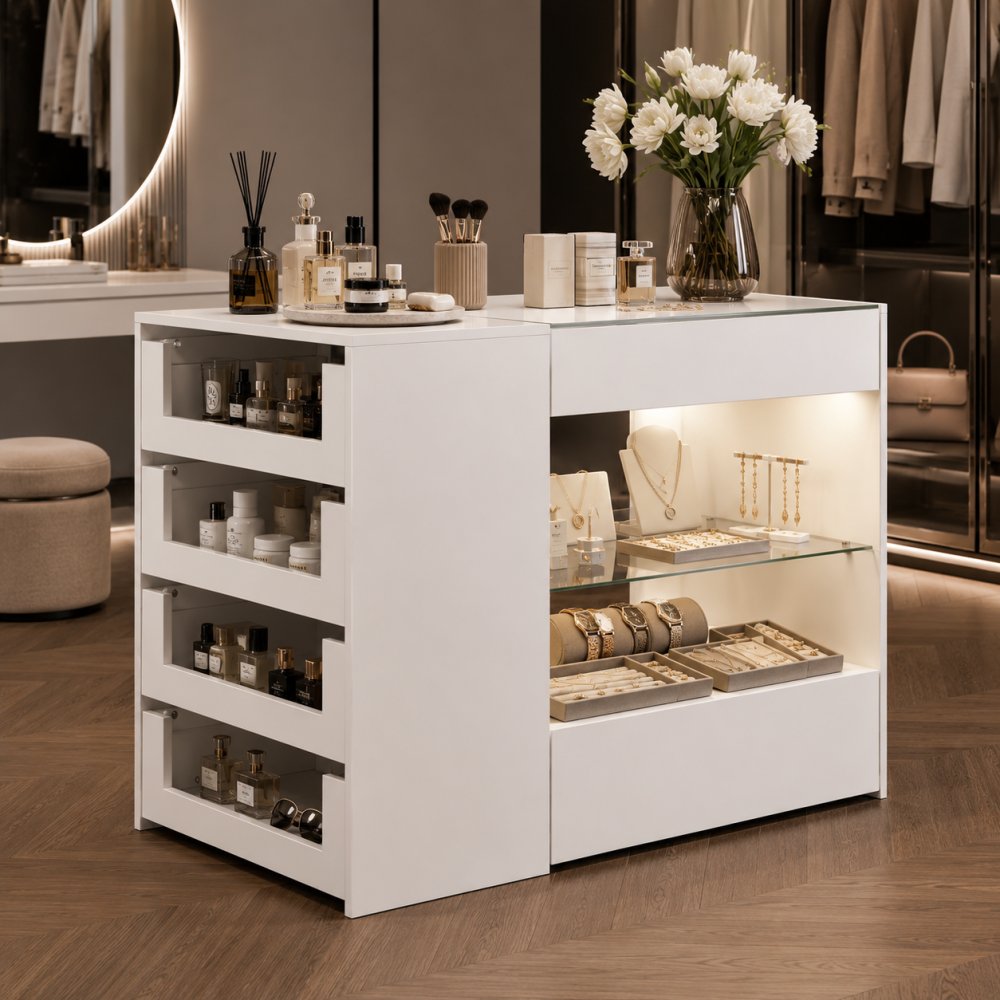 White Glass-Top Display Storage Cabinet Closet Island with 8 Drawers