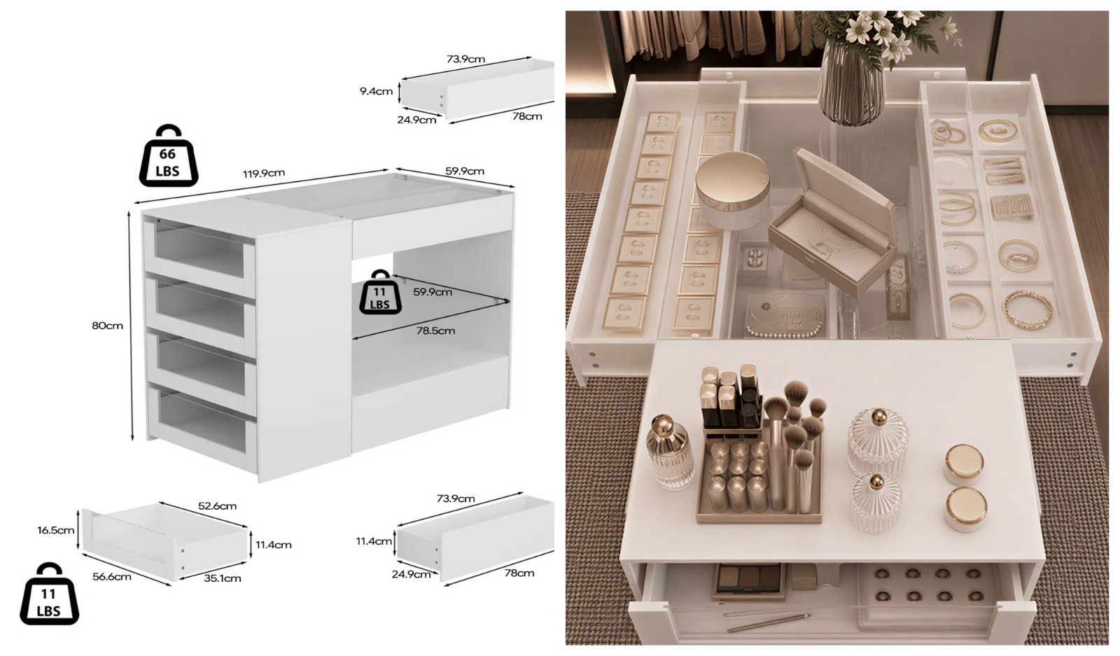 White glass-top display storage cabinet closet island with 8 drawers - detail & dimensions