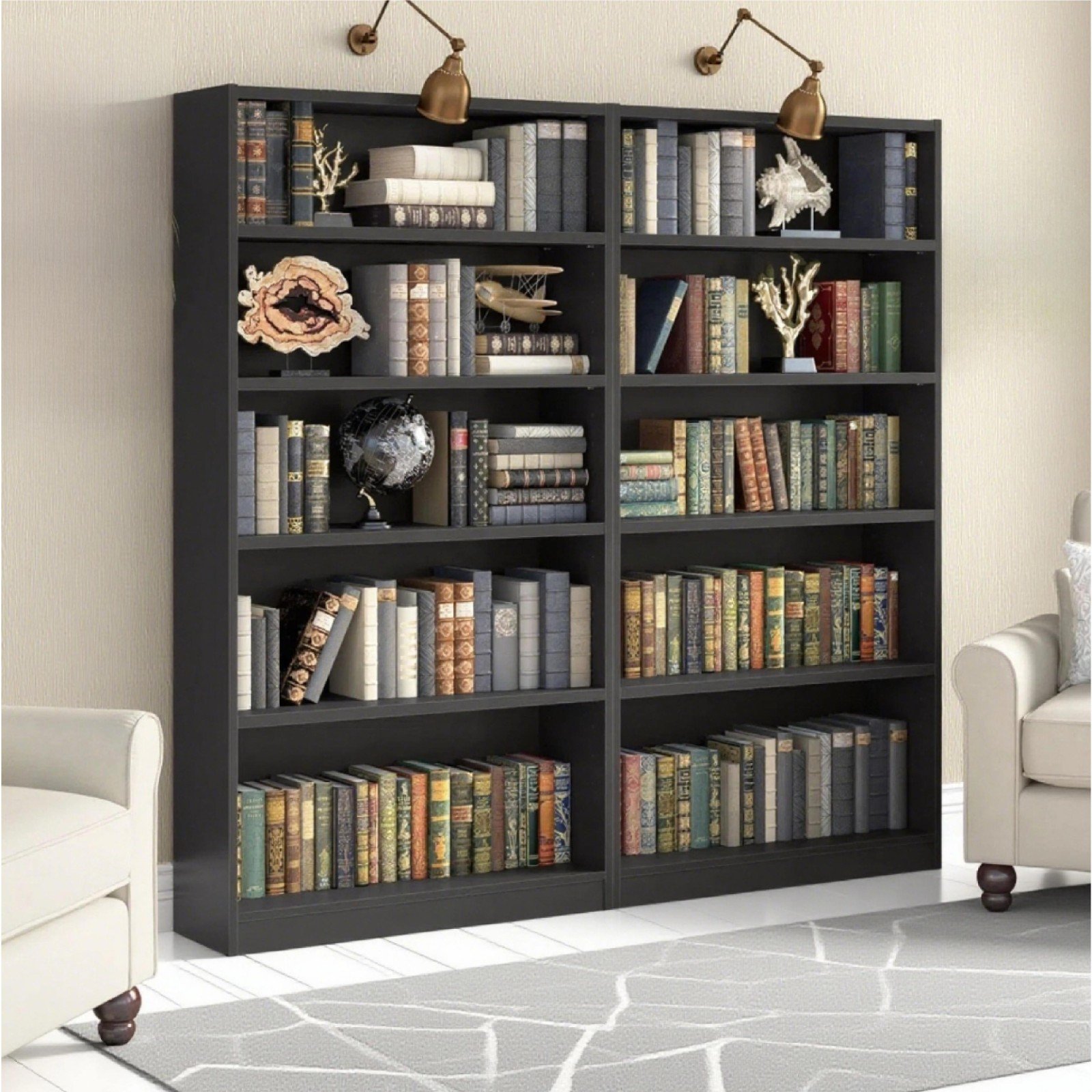 Fenzo Furniture Modular Universal Black Tall 5 Shelf Bookcase Set of 2